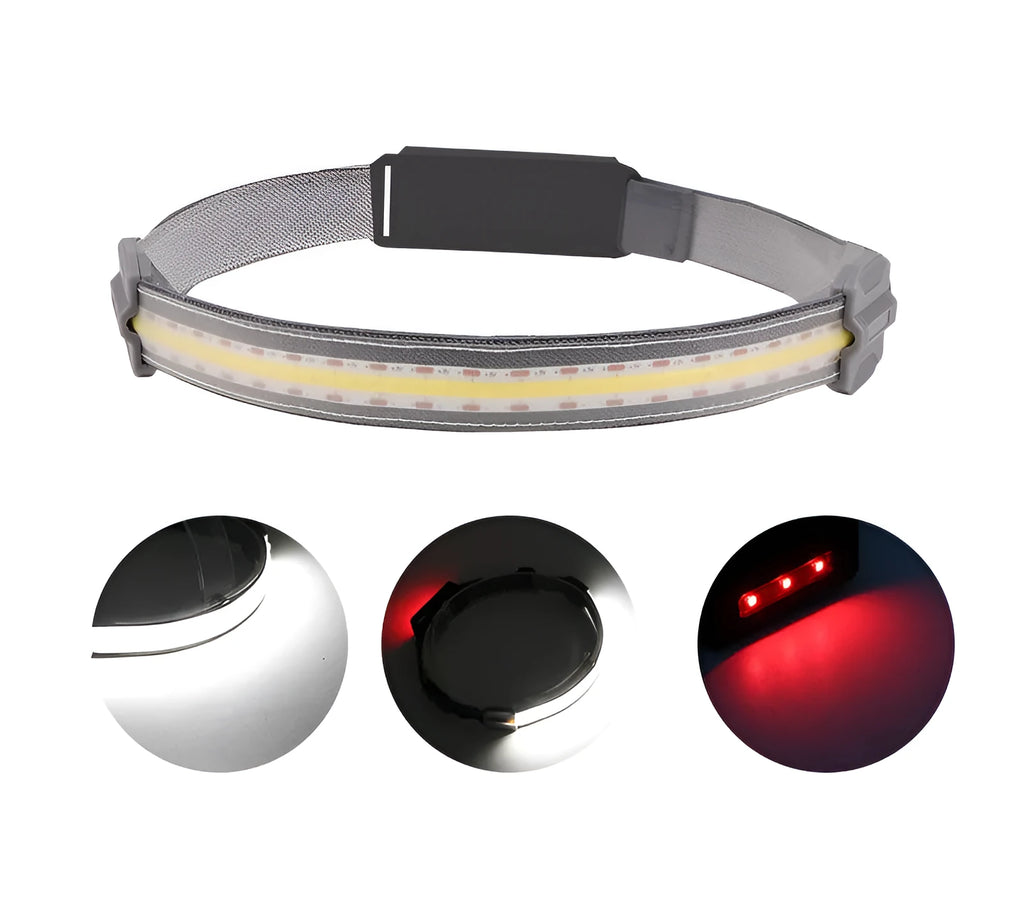 Portable COB LED red warning headlight with 300 lumens white light and micro USB charging port