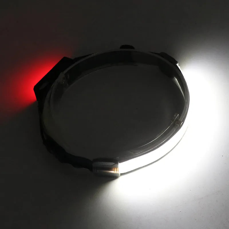Portable COB LED red warning headlight with 300 lumens white light and micro USB charging port
