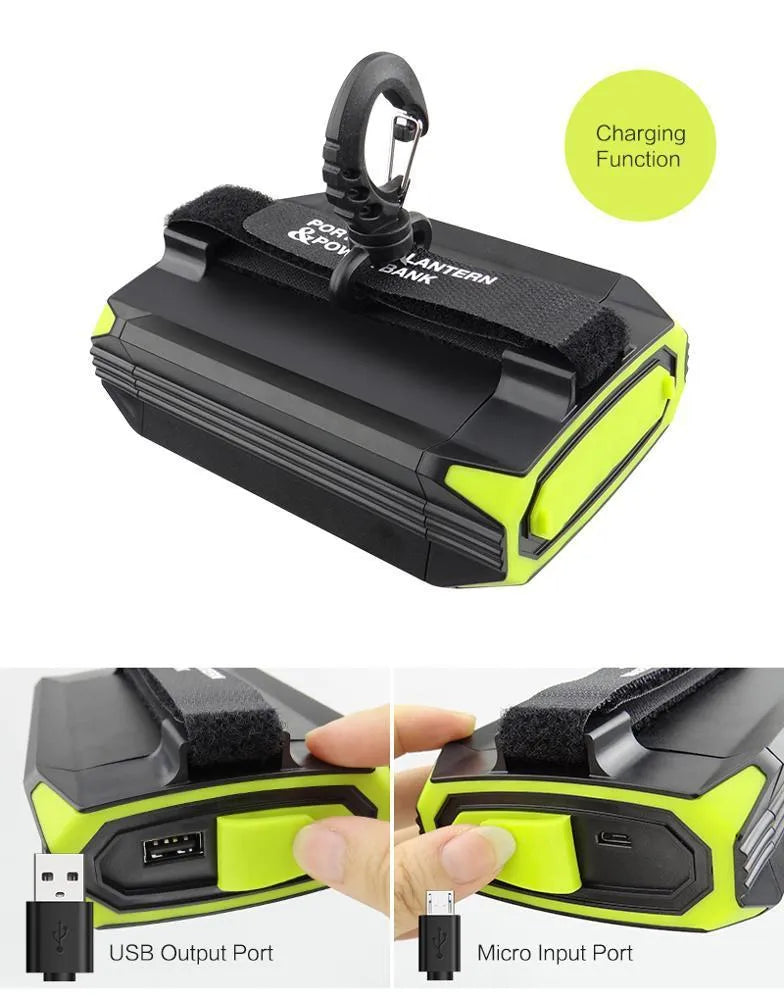 Green aluminium rechargeable camping light with LED array and USB port