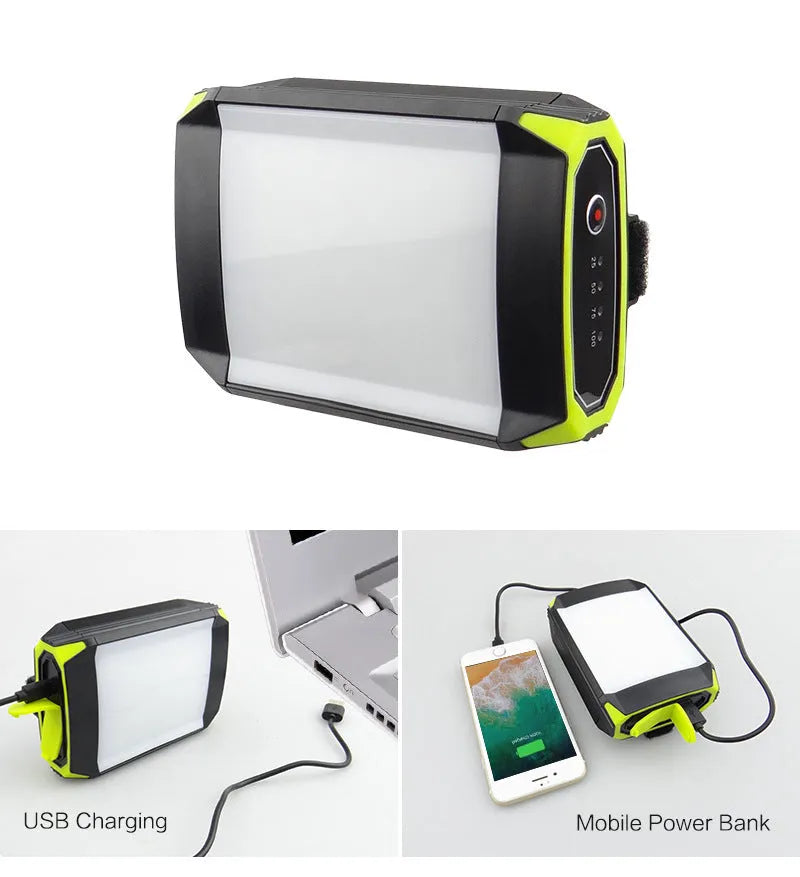 Green aluminium rechargeable camping light with LED array and USB port