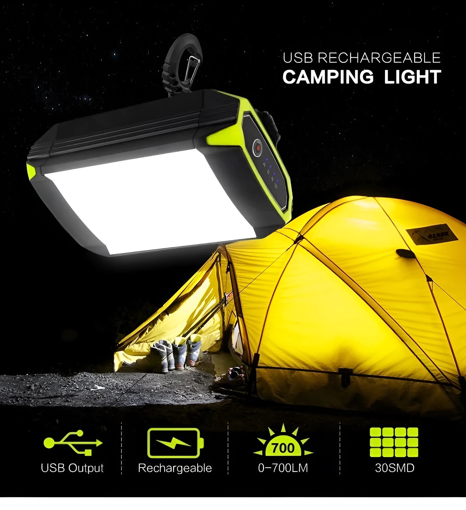 Green aluminium rechargeable camping light with LED array and USB port