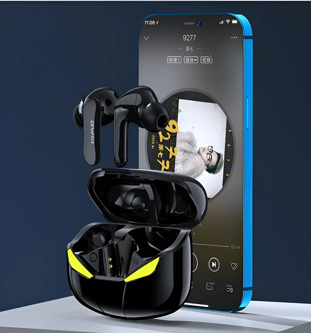 Black wireless Bluetooth gaming headset with earplug design and 10-metre range