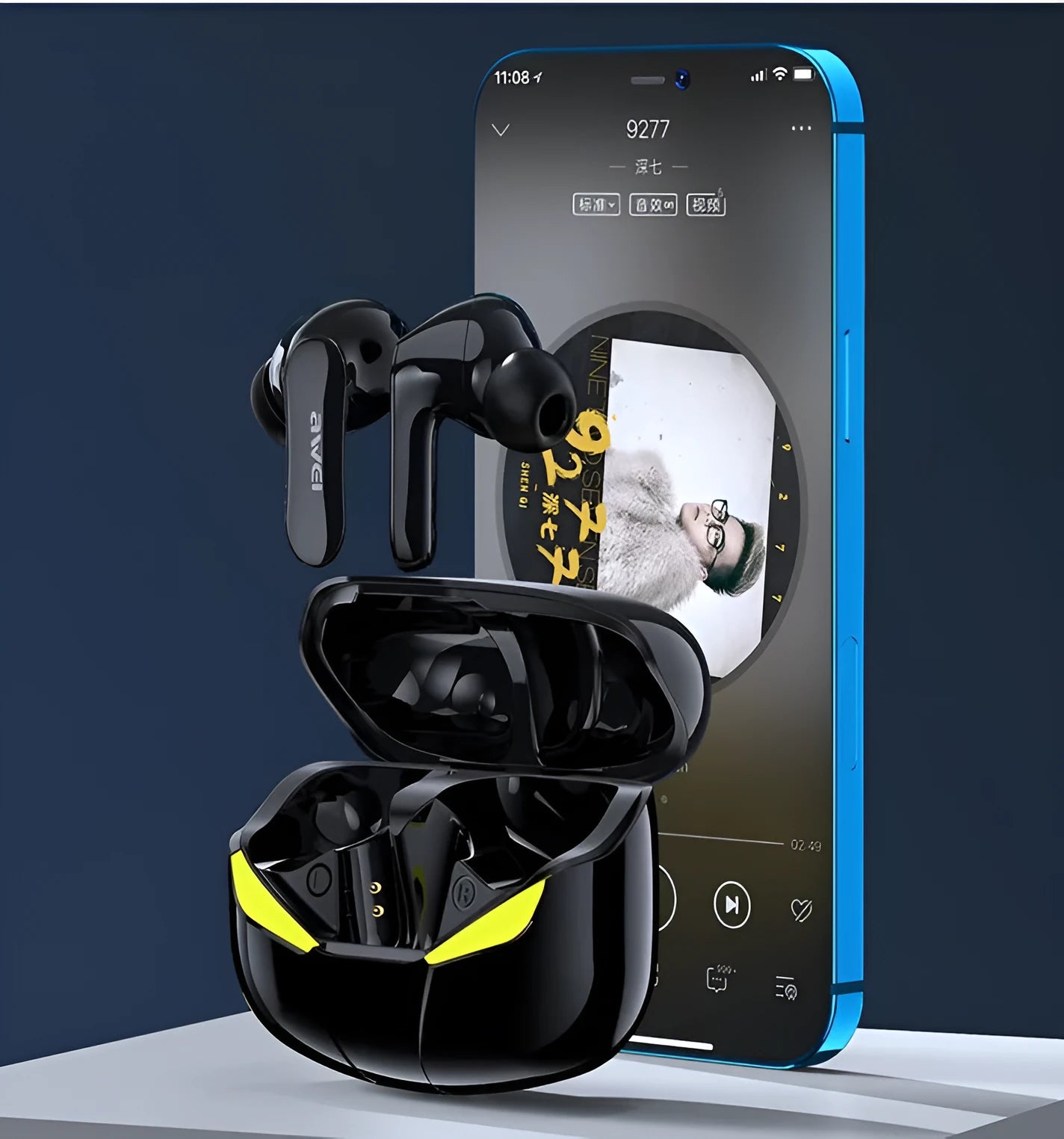 Black wireless Bluetooth gaming headset with earplug design and 10-metre range