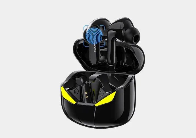 Black wireless Bluetooth gaming headset with earplug design and 10-metre range