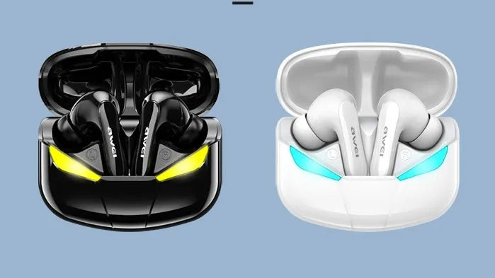 Black wireless Bluetooth gaming headset with earplug design and 10-metre range