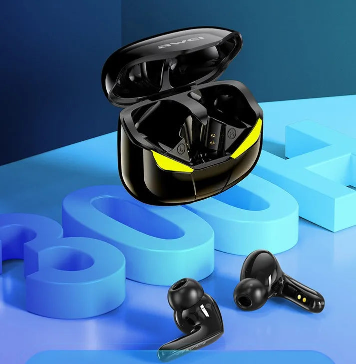 Black wireless Bluetooth gaming headset with earplug design and 10-metre range