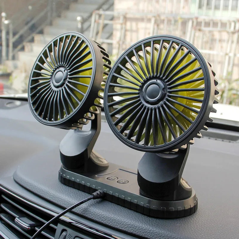 Black ABS car USB dual-head fan for air outlet with 140cm cable and three-speed control