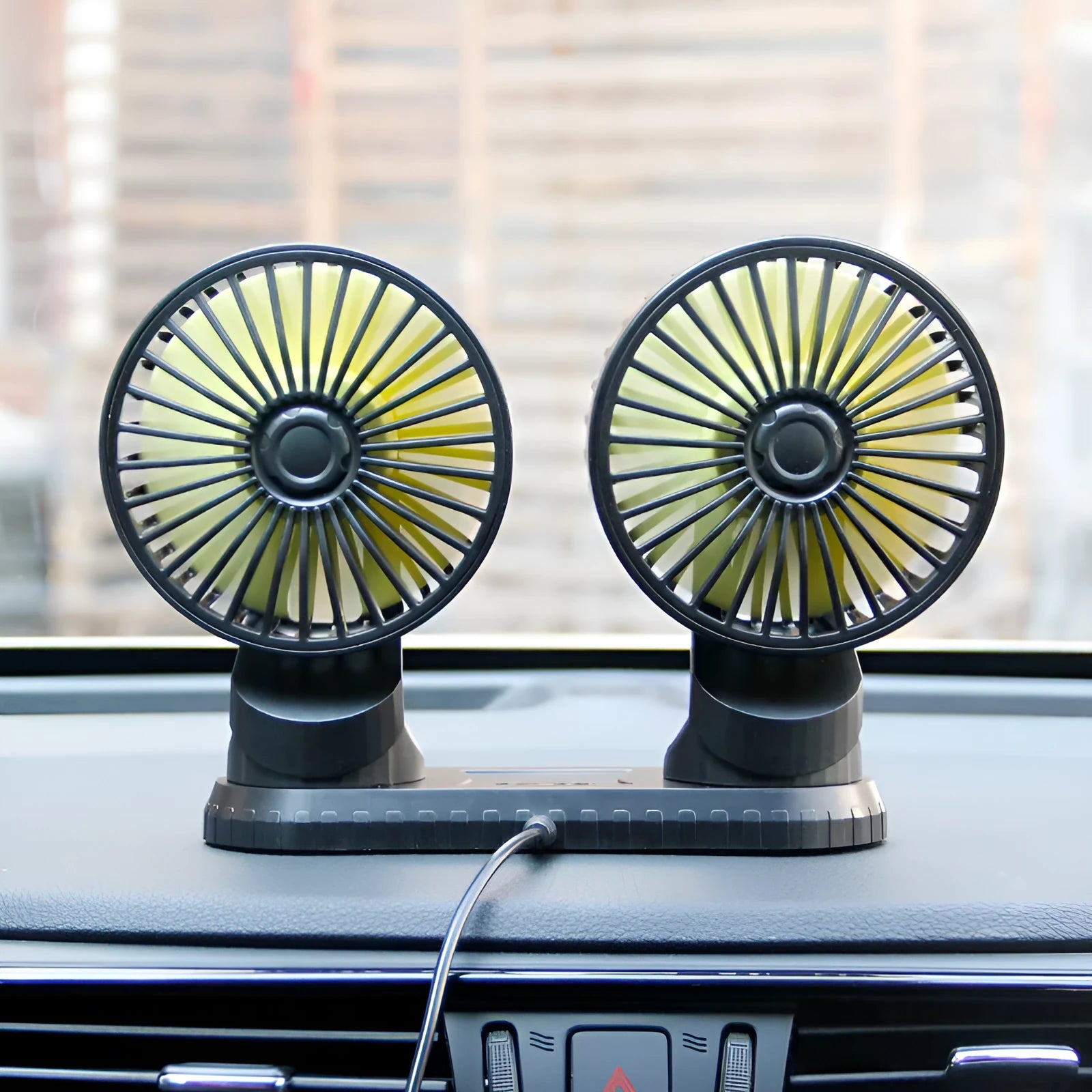 Black ABS car USB dual-head fan for air outlet with 140cm cable and three-speed control
