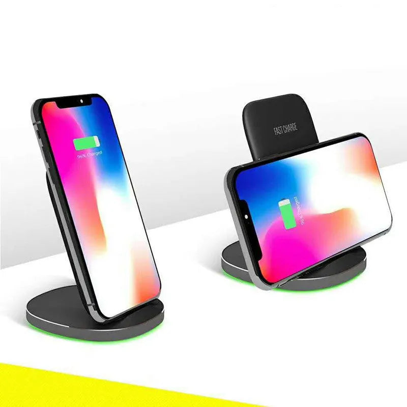 Vertical wireless charger dock in black and white showing upright smartphone charging design