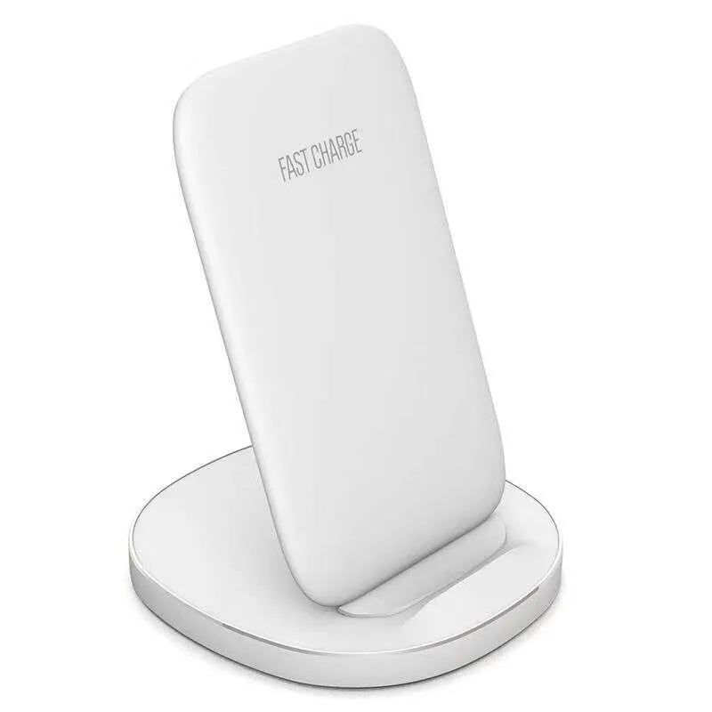 Vertical wireless charger dock in black and white showing upright smartphone charging design