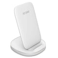 Vertical wireless charger dock in black and white showing upright smartphone charging design