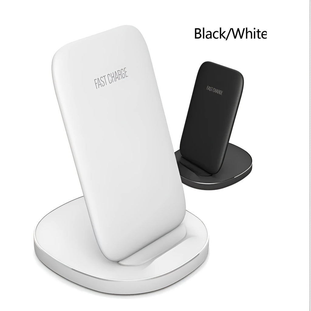 Vertical wireless charger dock in black and white showing upright smartphone charging design