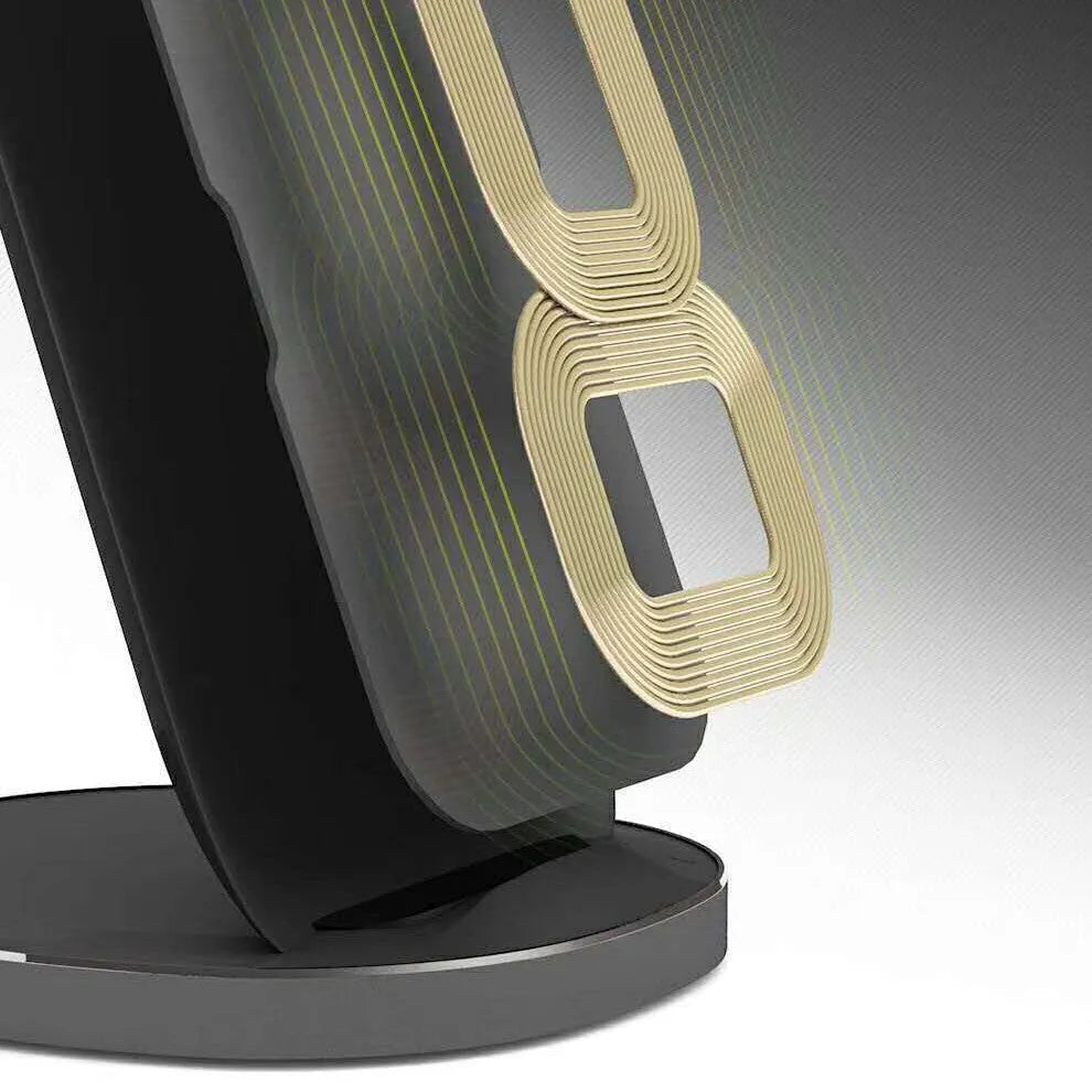 Vertical wireless charger dock in black and white showing upright smartphone charging design