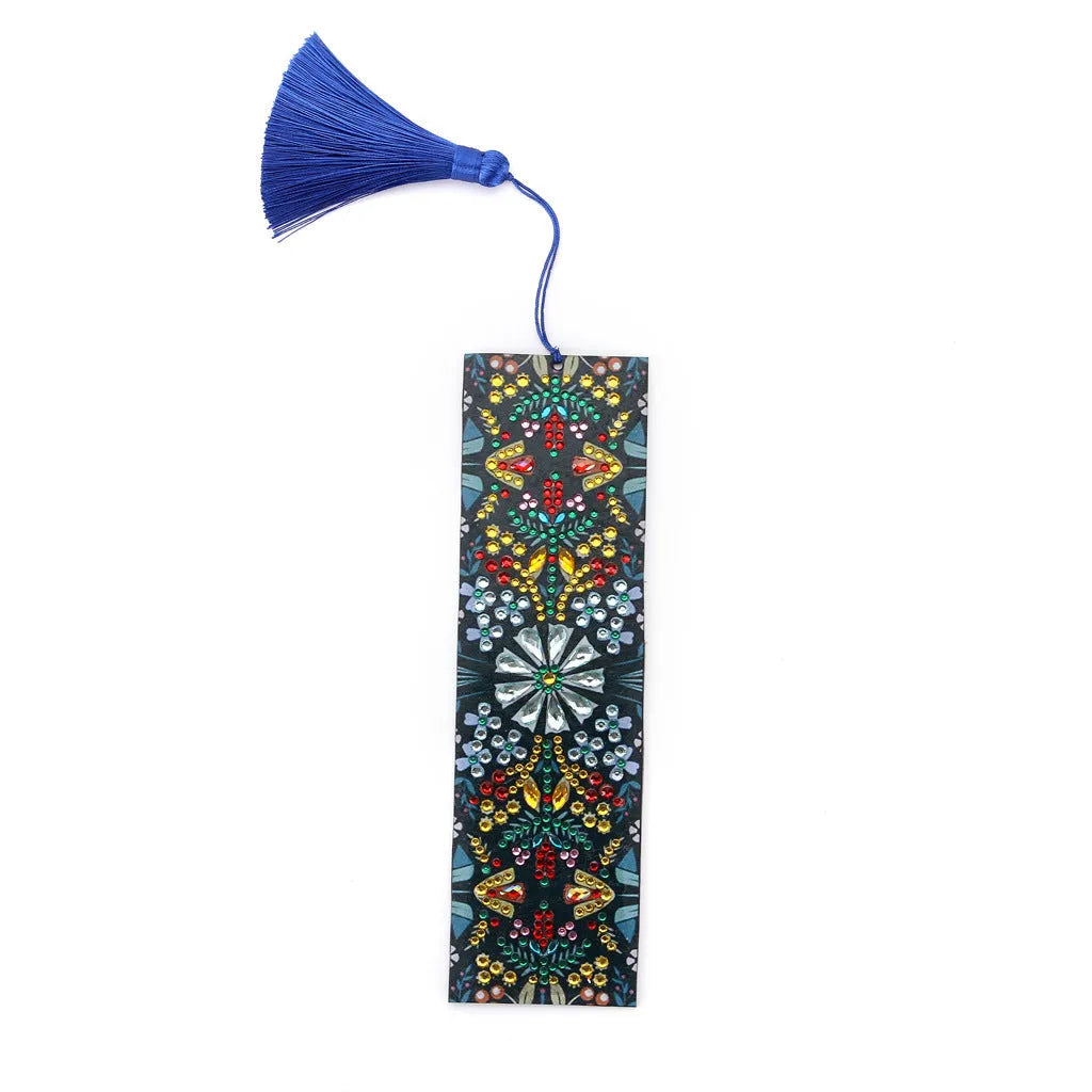 Handmade leather bookmark with diamond embroidered mandala flower design.
