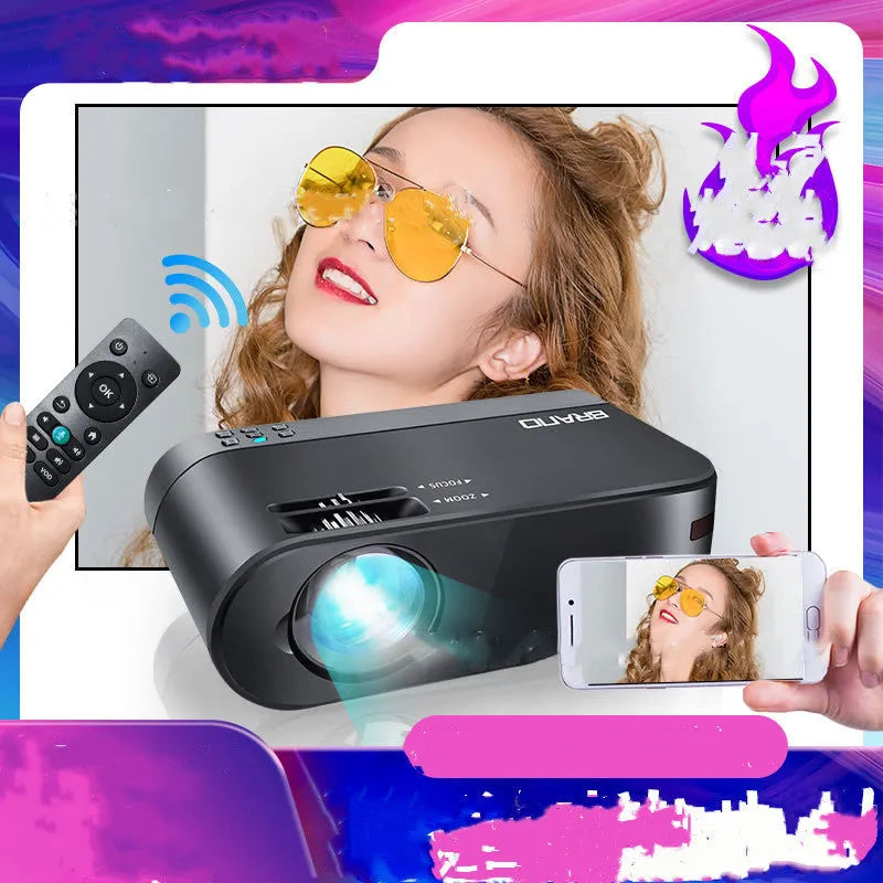 Portable wireless projector with AI voice control on a table, projecting a movie scene onto a wall.