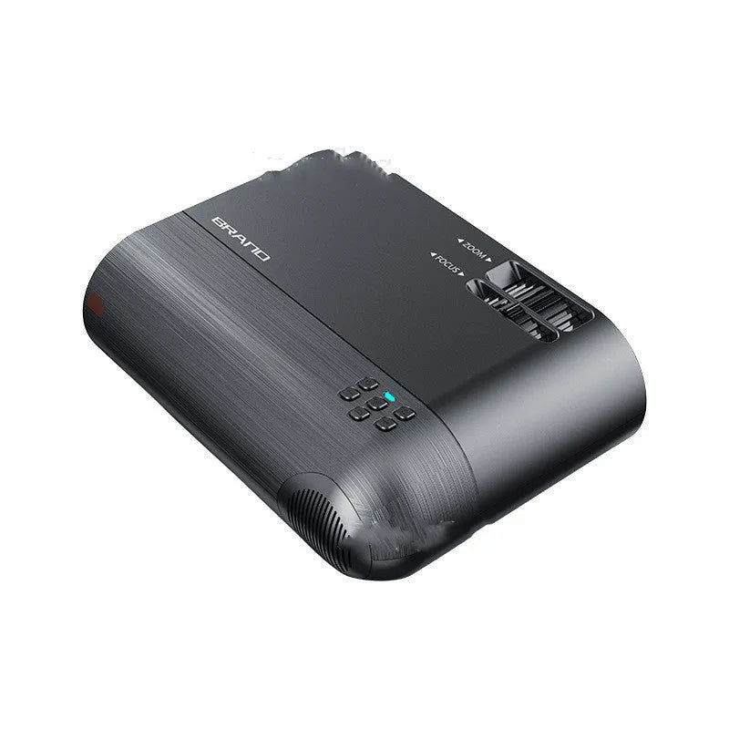 Portable wireless projector with AI voice control on a table, projecting a movie scene onto a wall.