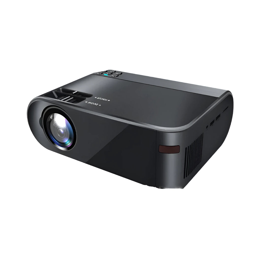 Portable wireless projector with AI voice control on a table, projecting a movie scene onto a wall.