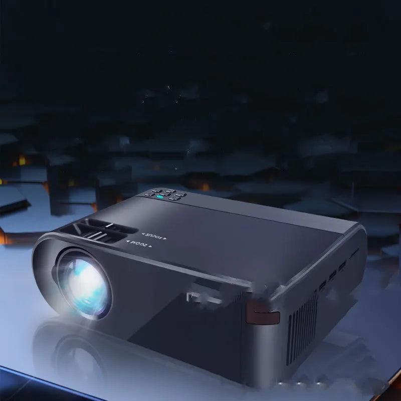 Portable wireless projector with AI voice control on a table, projecting a movie scene onto a wall.