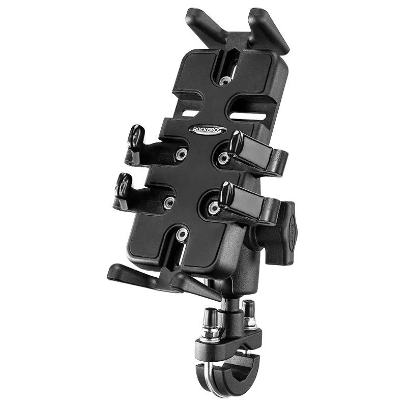 Black nylon U-shaped handlebar mount for mobile phones on motorcycles and bicycles.