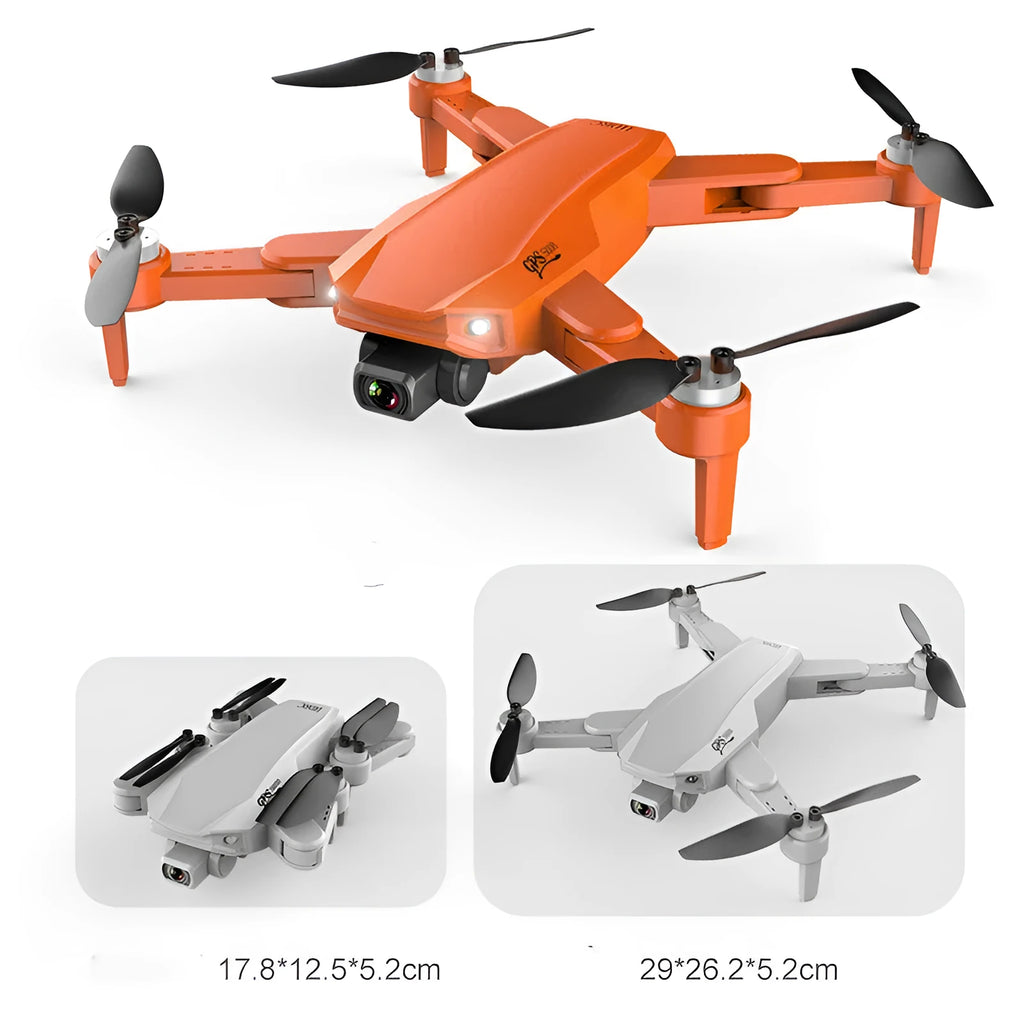 Orange GPS drone with 6K dual camera, brushless motor, foldable arms and remote control, shown with spare propellers