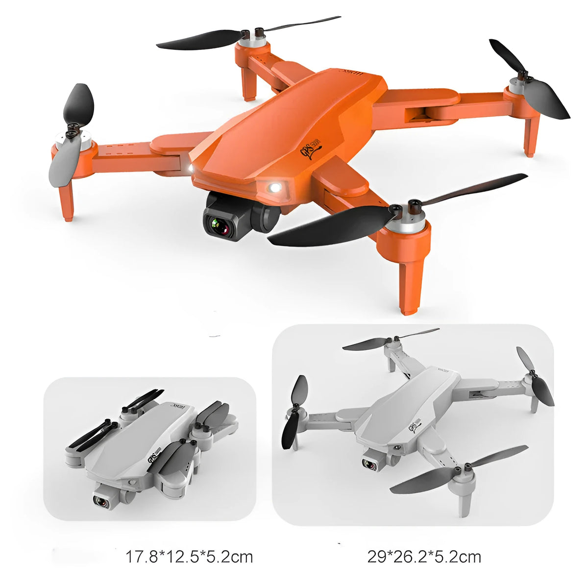 Orange GPS drone with 6K dual camera, brushless motor, foldable arms and remote control, shown with spare propellers