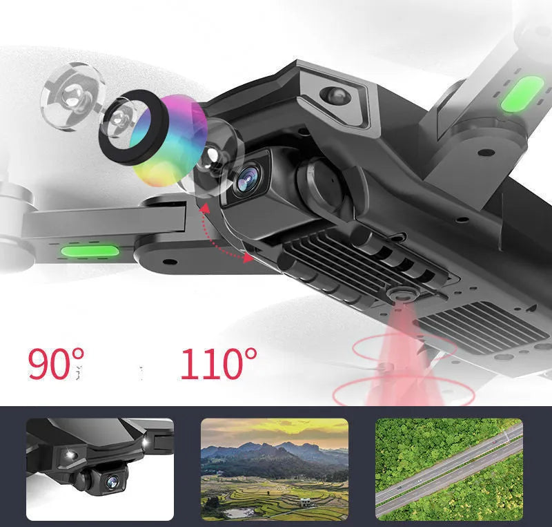 Orange GPS drone with 6K dual camera, brushless motor, foldable arms and remote control, shown with spare propellers