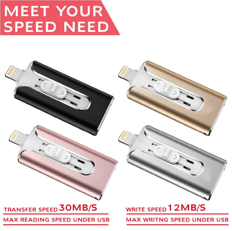 Metal USB flash drive with silver finish showing both Lightning and USB Type-A connectors.