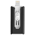 Metal USB flash drive with silver finish showing both Lightning and USB Type-A connectors.