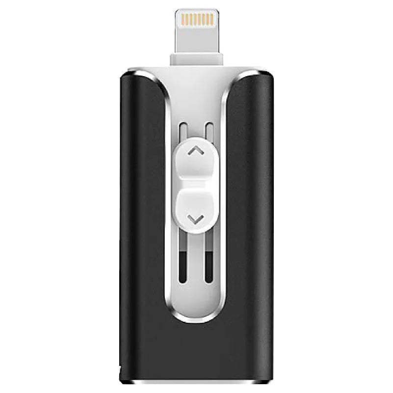 Metal USB flash drive with silver finish showing both Lightning and USB Type-A connectors.