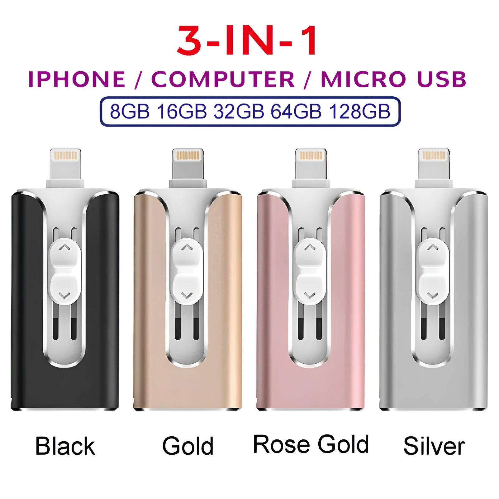 Metal USB flash drive with silver finish showing both Lightning and USB Type-A connectors.
