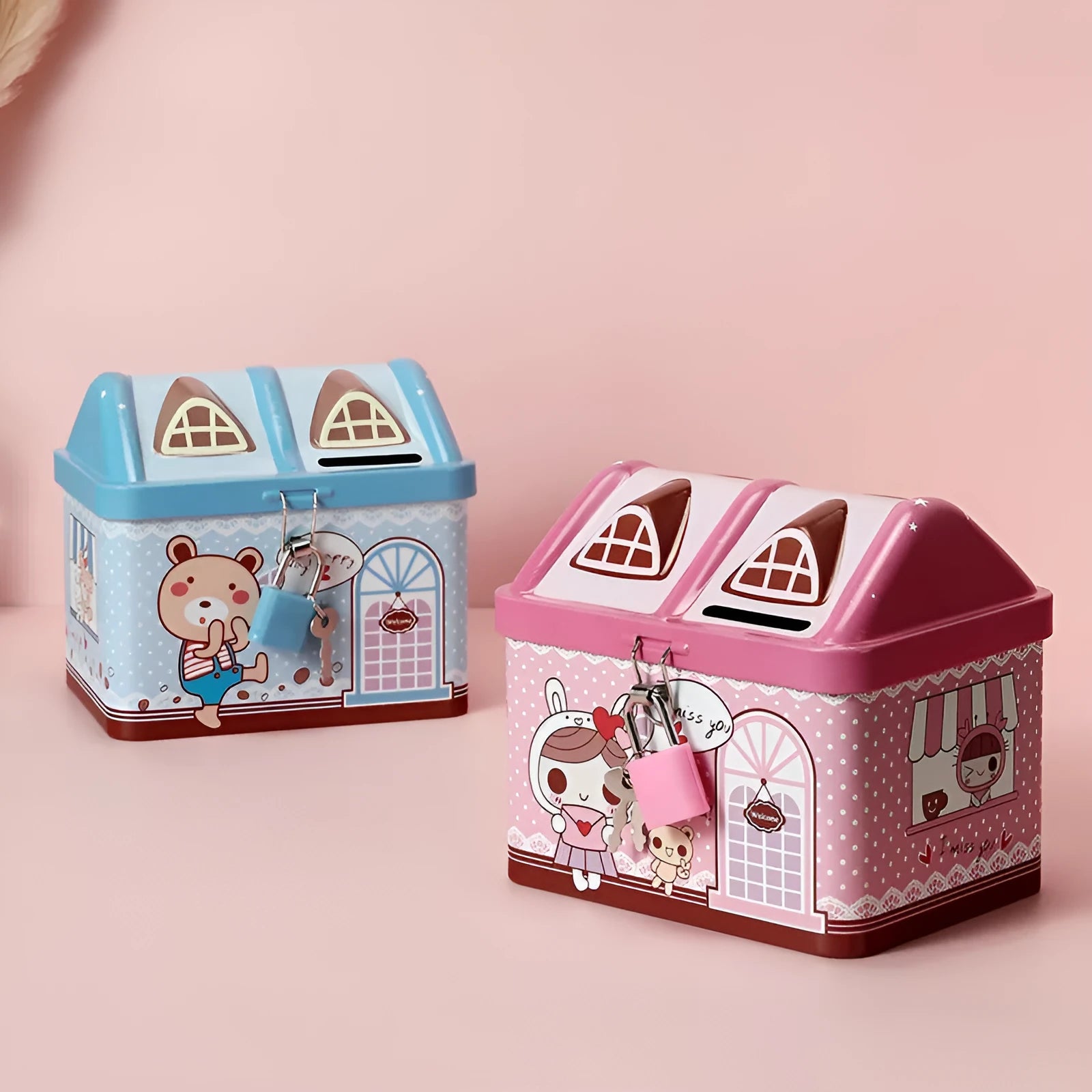 Blue house-shaped tinplate piggy bank on desktop for coin storage