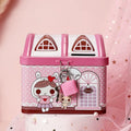 Blue house-shaped tinplate piggy bank on desktop for coin storage