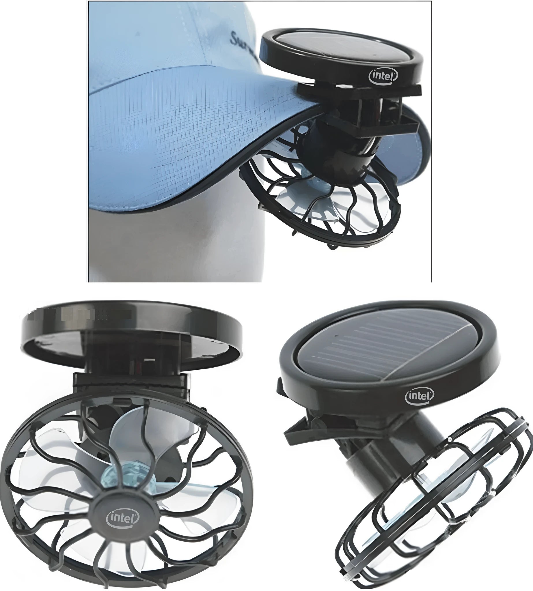 Black portable solar panel fan with a clip, shown outdoors for camping cooling.