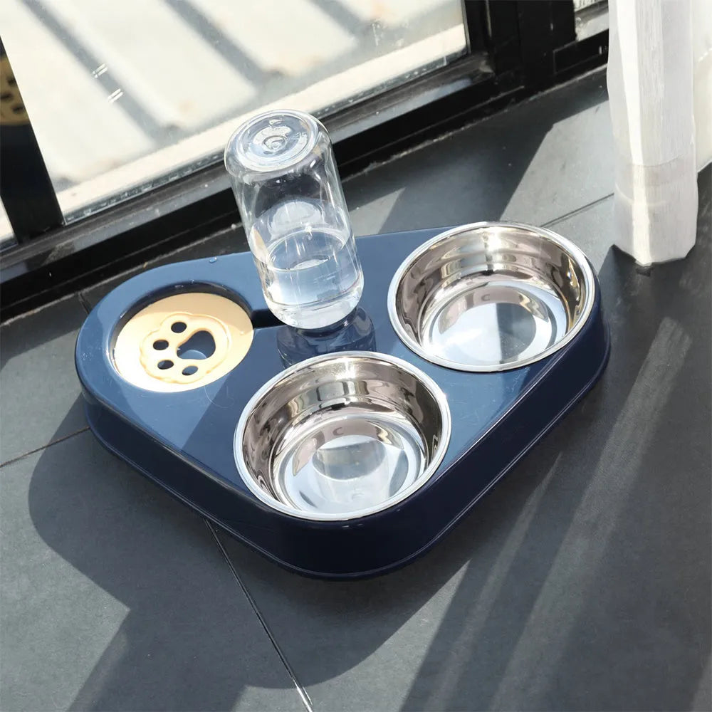 Mobile unplugged cat drinking bowl in PP, PET and stainless steel, 24.5 x 24.5 x 29.5 cm, with 11 x 3 cm small bowl