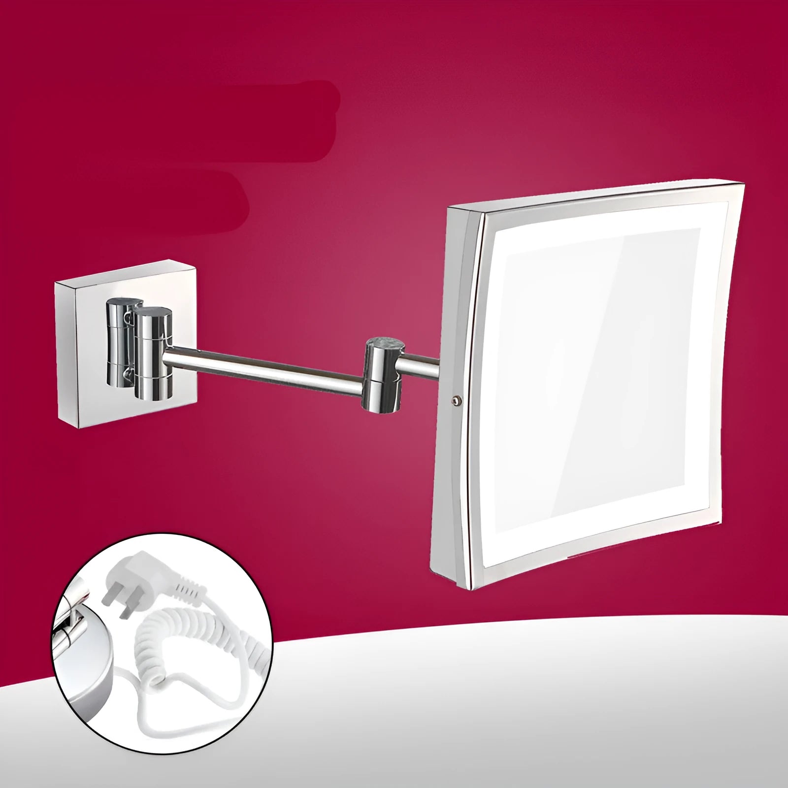 Stainless steel folding makeup mirror with 8.5 inch silver lens in black, gold, nickel, or silver finish