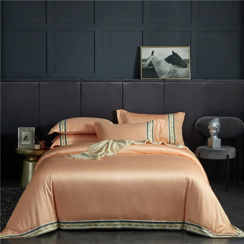 Four-piece washed silk satin striped sheet set in solid colour, smooth silky bed linen for UK beds
