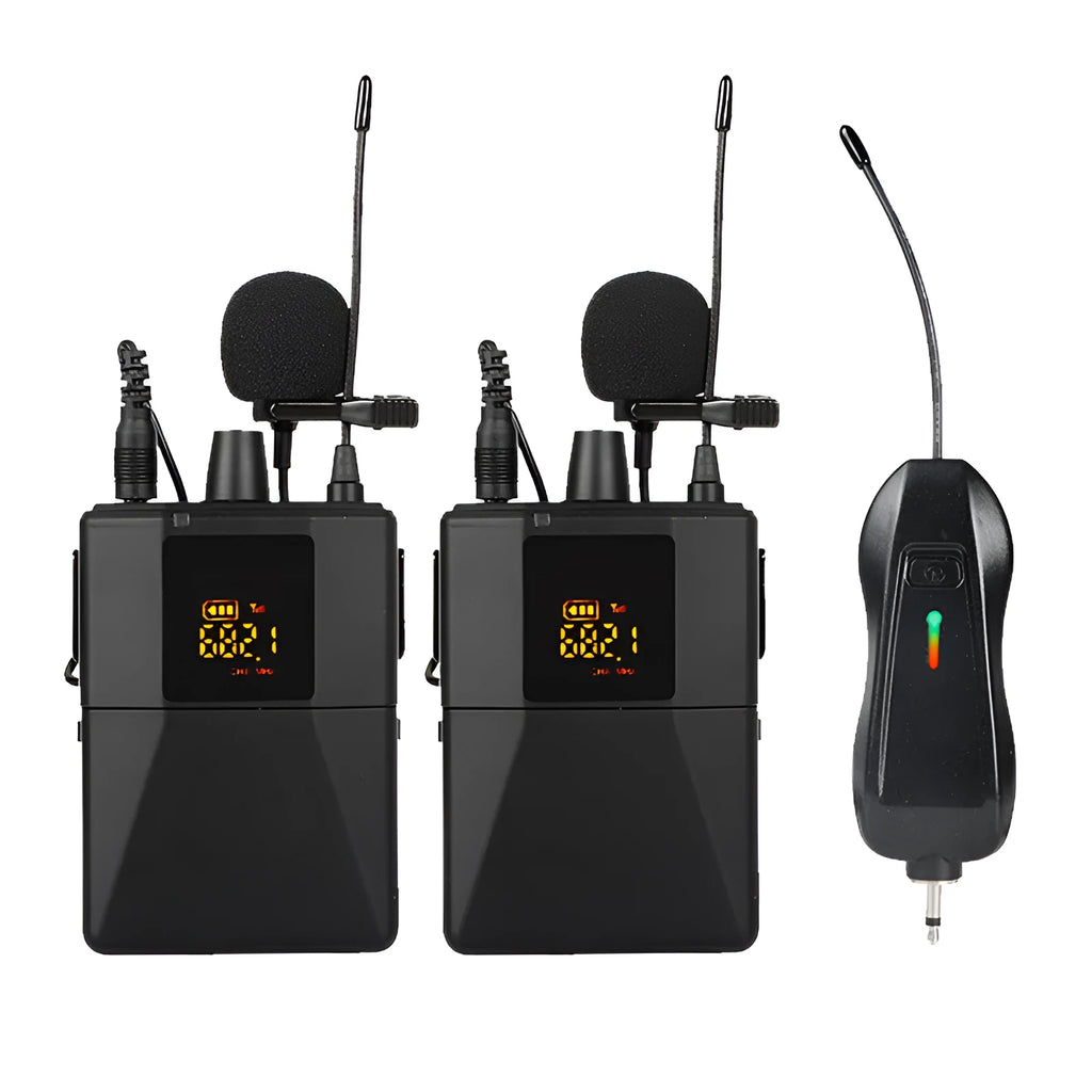 Black Little Bee X3 wireless lavalier lapel microphone with its magnetic charging case.