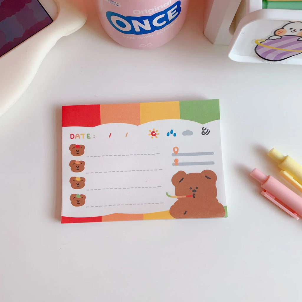 Kawaii Bear memo pad notebook with cartoon design, showing one of nine available colourful cover options.