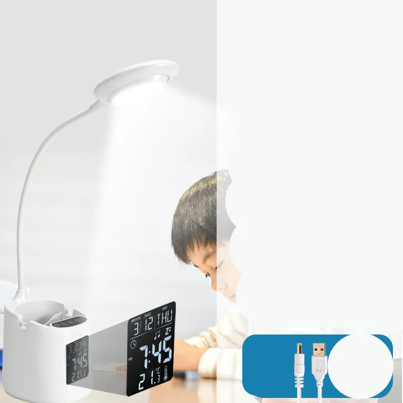 White desk lamp with touch controls and USB power input for eye protection during study