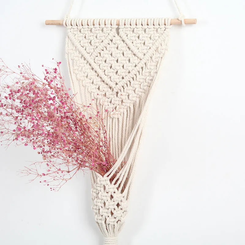 White hand-woven cotton net bag wall tapestry with grid pattern, 30x70cm rectangle.