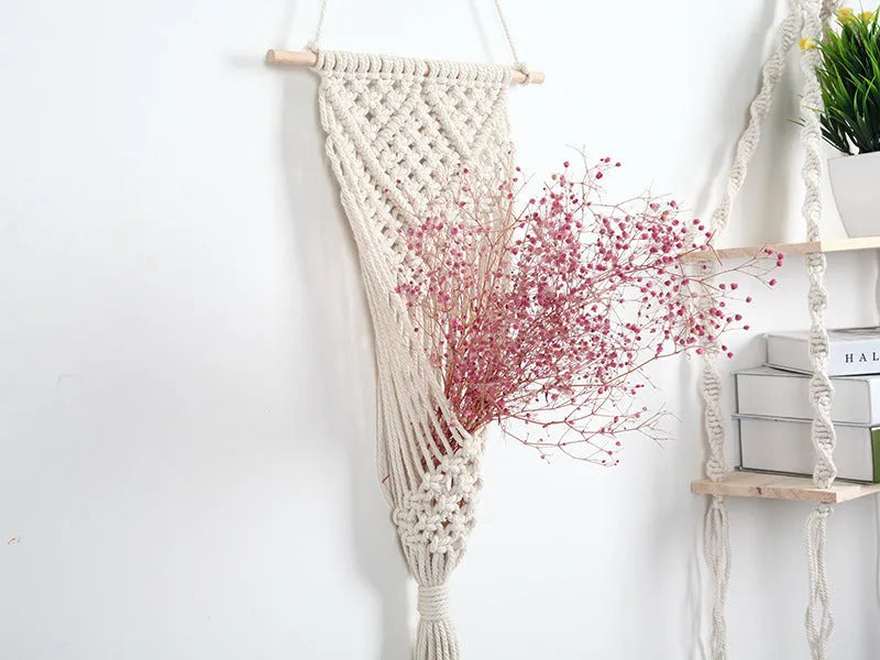 White hand-woven cotton net bag wall tapestry with grid pattern, 30x70cm rectangle.