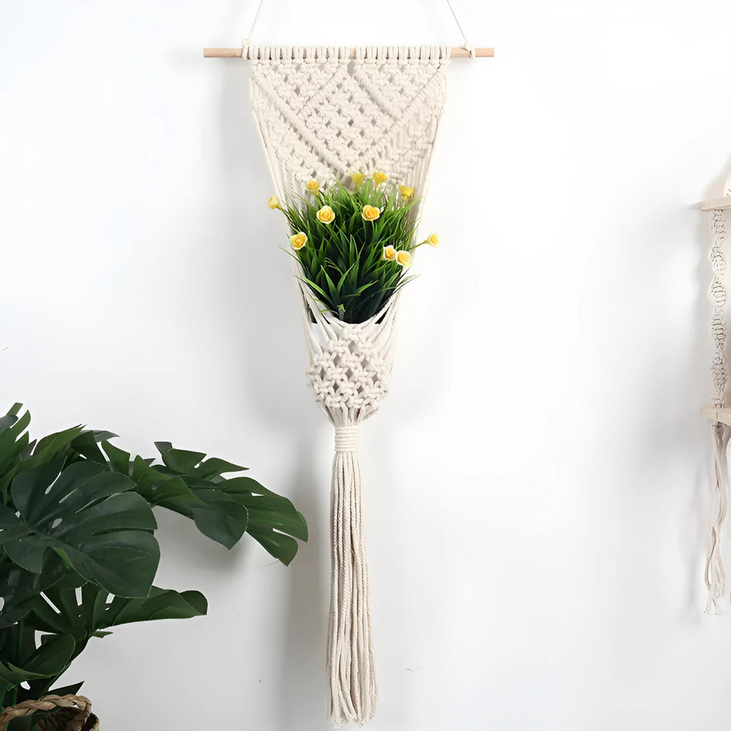 White hand-woven cotton net bag wall tapestry with grid pattern, 30x70cm rectangle.
