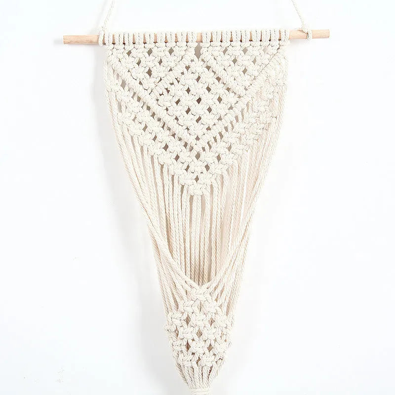 White hand-woven cotton net bag wall tapestry with grid pattern, 30x70cm rectangle.