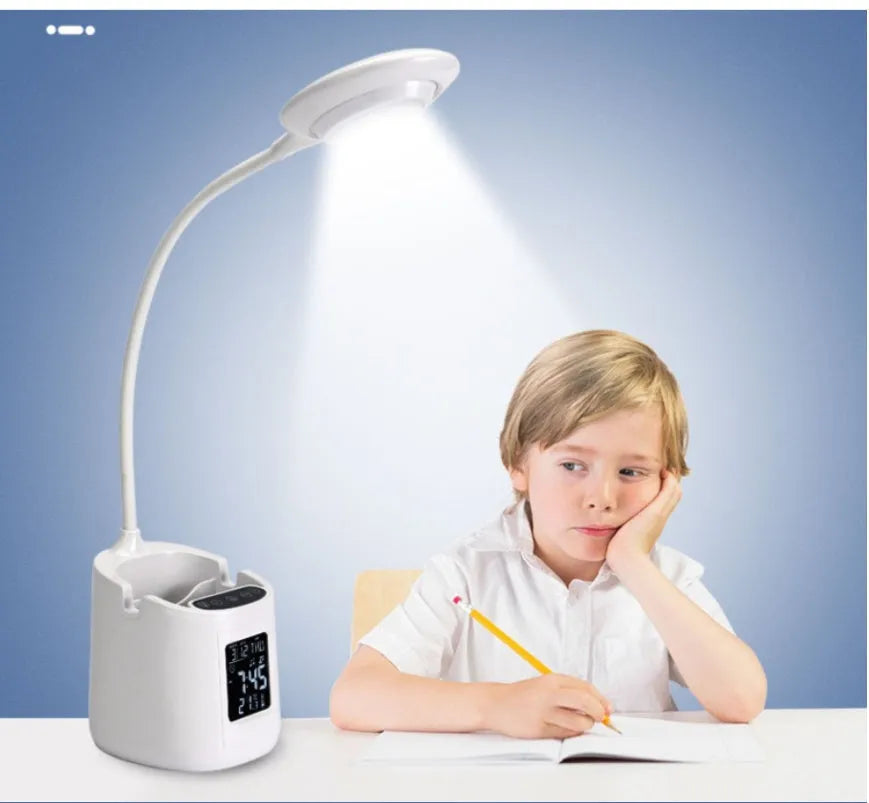 White desk lamp with touch controls and USB power input for eye protection during study