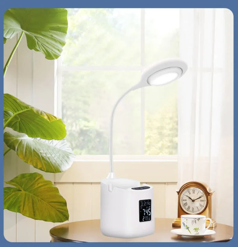 White desk lamp with touch controls and USB power input for eye protection during study