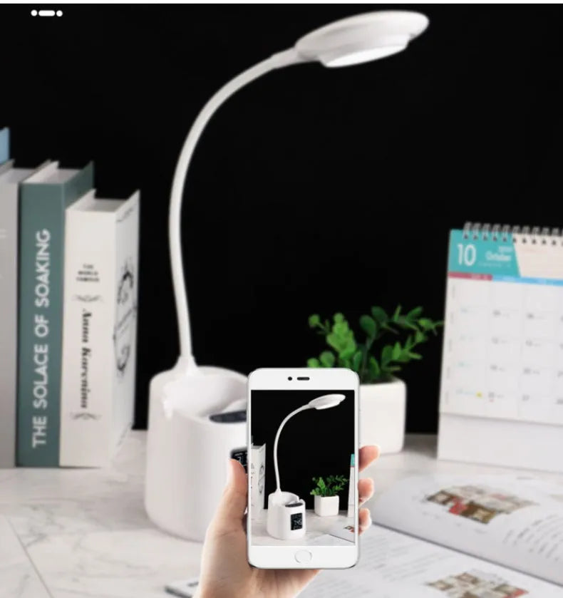 White desk lamp with touch controls and USB power input for eye protection during study