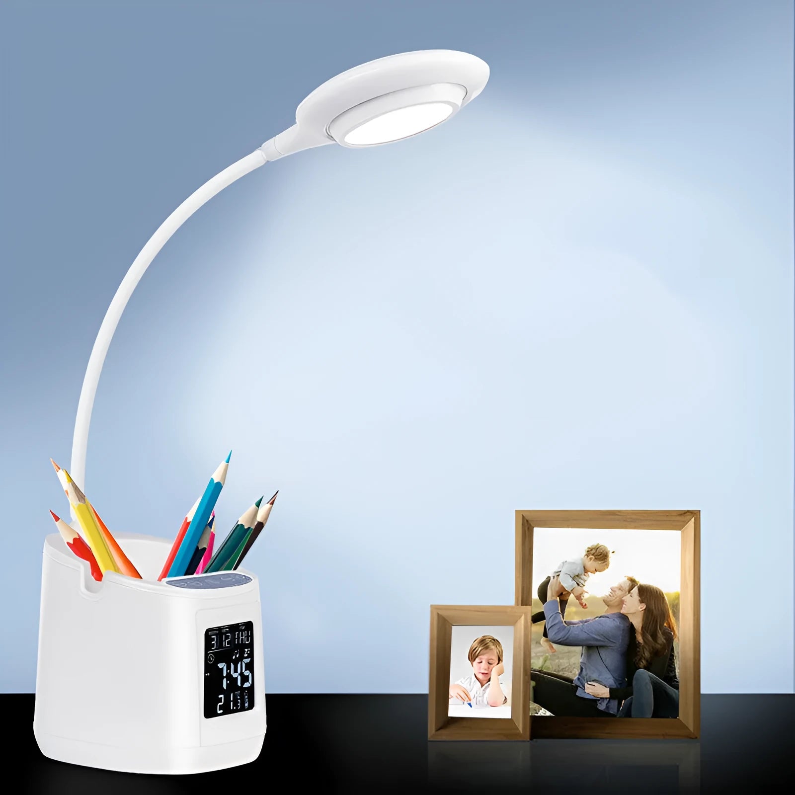 White desk lamp with touch controls and USB power input for eye protection during study