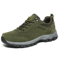 Men's low-cut outdoor hiking shoes in army green, shown in a large size.
