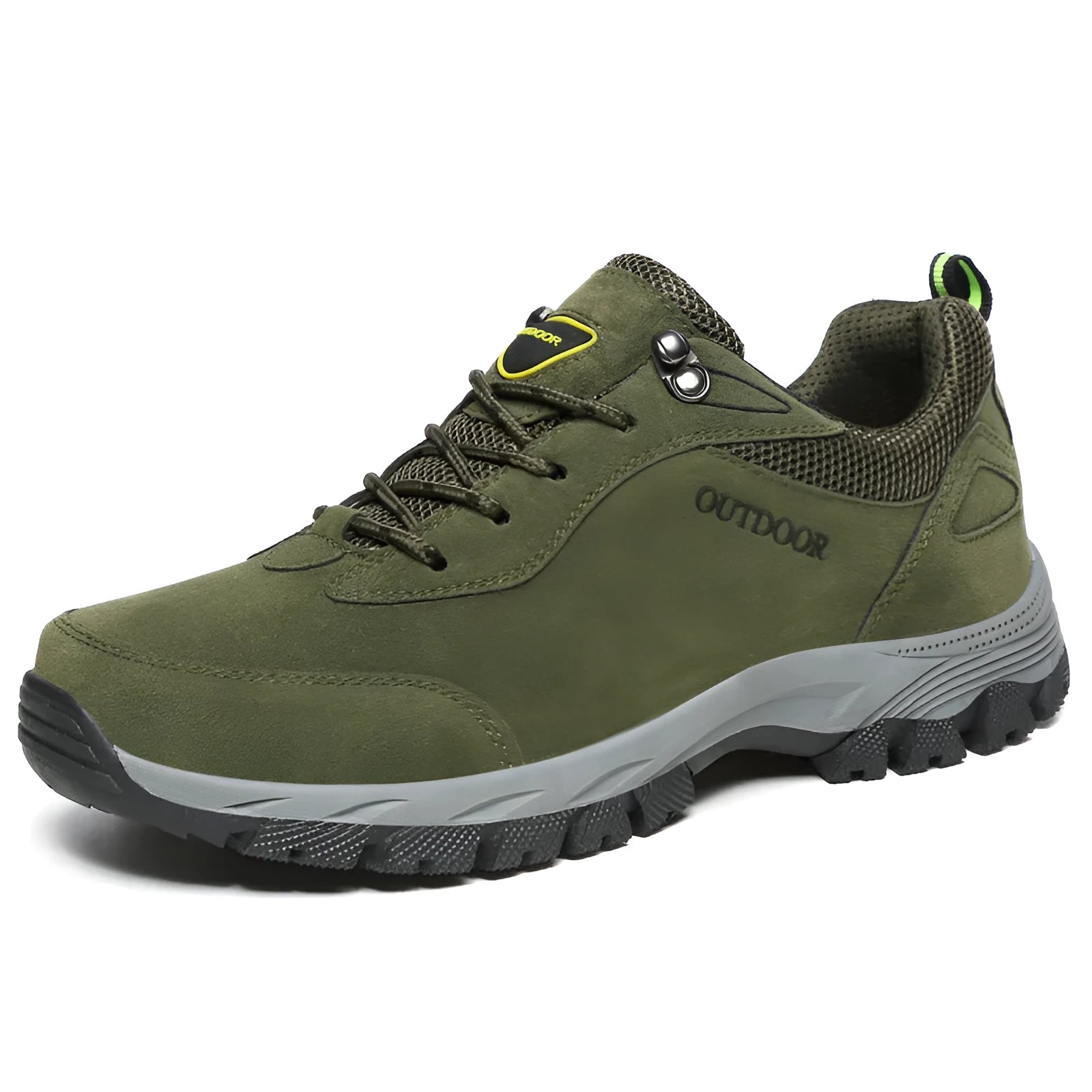 Men's low-cut outdoor hiking shoes in army green, shown in a large size.