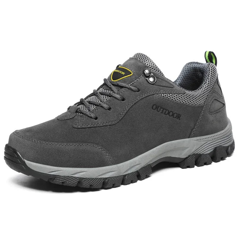 Men's low-cut outdoor hiking shoes in army green, shown in a large size.